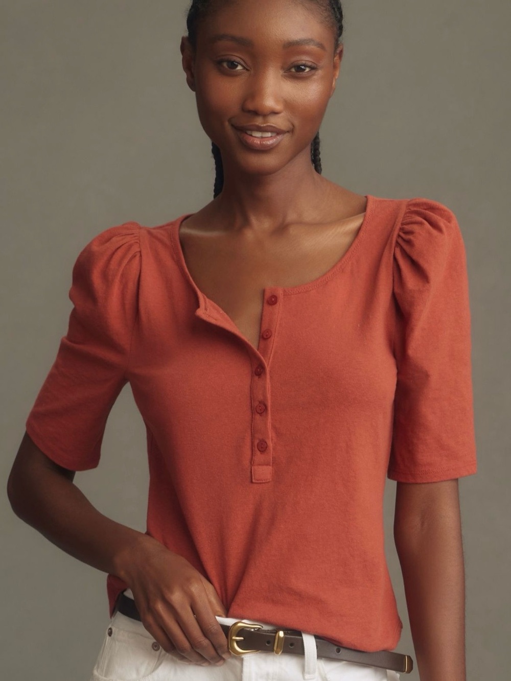 Anthropologie Rust Puff-Sleeve Henley Tee
